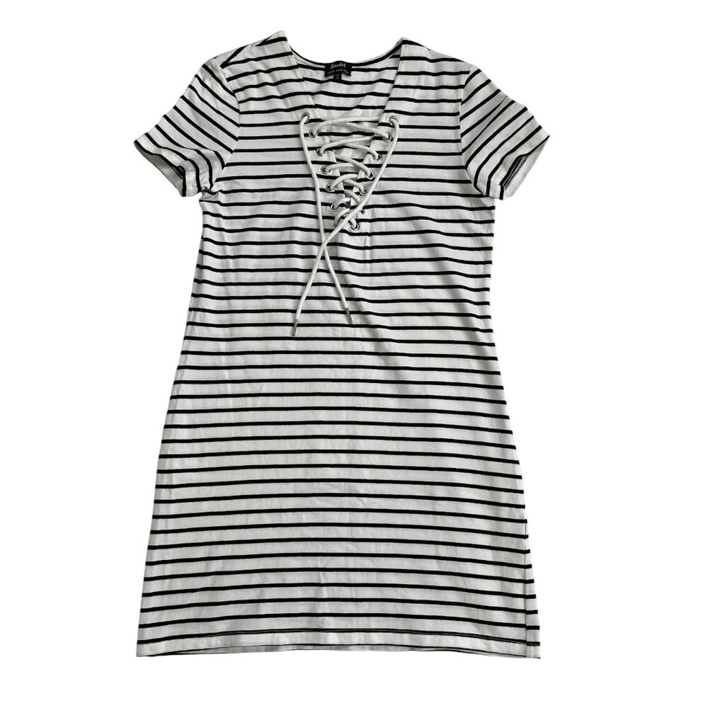 Bardot Black and White Striped Lace-Up Pullover Mini Dress, Women's 8/Medium